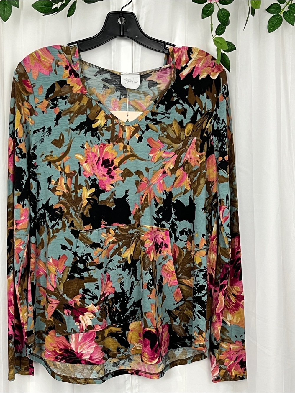 Sew in Love Womens Pullover Hoodie L Blue Pink Floral Print Kangaroo Pocket NWT